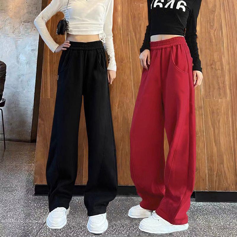 High-Waisted Red Wide-Leg Dance Pants: Fashionable, Thickened, Floor-Length, Loose Fit, Versatile, and Slimming for Women