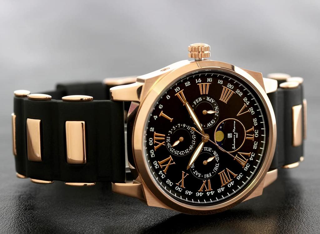 Watch Moon Phase Multi Calendar 5 ATM Water Resistant Business Formal Rubber Belt Limited Model Black Pink Gold [Salvatore Mara] Men's SM22105R-PGBK