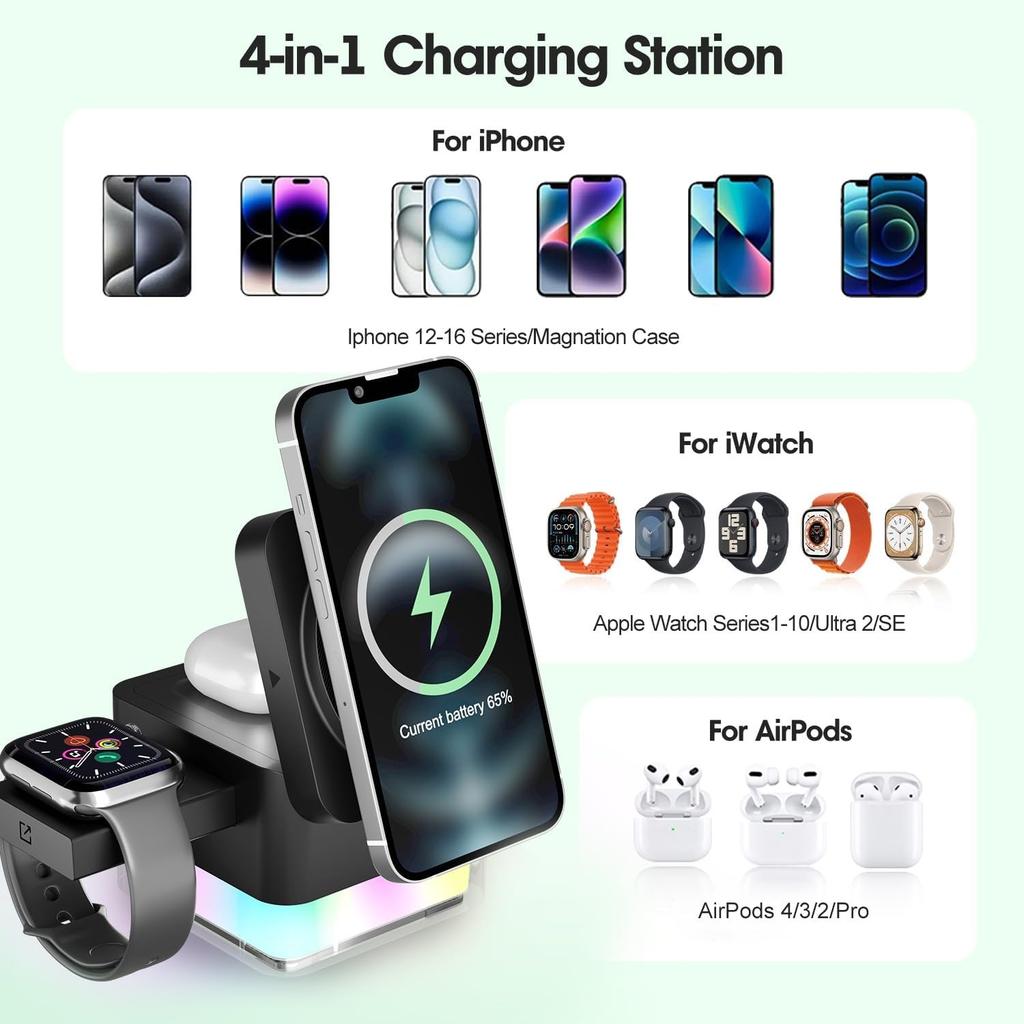 Wireless Charger Charging Station, 4 in 1 Fast Charger Stand for 17 16e 16 15 14 13 12 11 - Watch 11 10 9 8 7 6 5 4 3 2 SE and Ultra Series