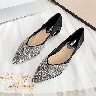 Весенние новые стильные женские туфли с бриллиантами во французском стиле, женская обувь большого размера с одной педалью и острым носком на толстом высоком каблуке