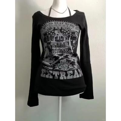 2000-е годы Американская винтажная готика Черные женские футболки Панк-стиль Графические гранж-футболки Harajuku Y2k Длинные рукава Уличная одежда