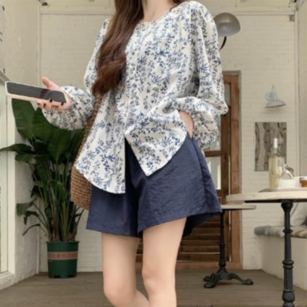 New Arrivals Open Run Women Loose Fit Long Sleeve Blouse Floral No Collar