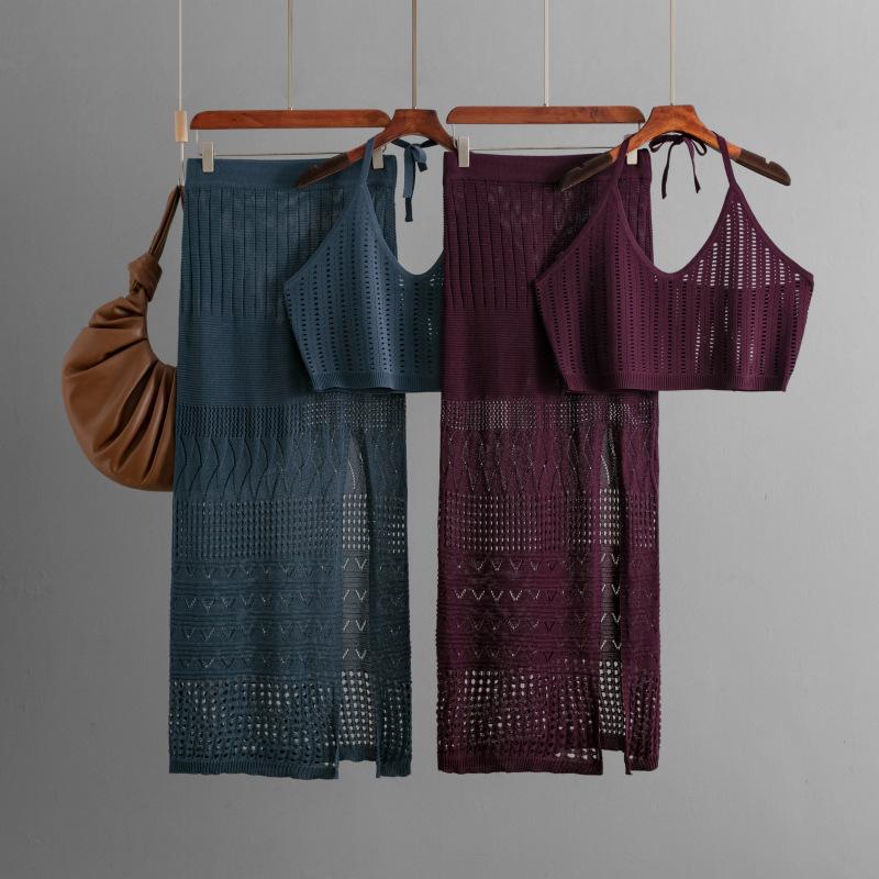 Summer Women's Short Vest Top High-waisted Thin Hollow Open-end Package Hip Half-body Skirt Two-piece Set