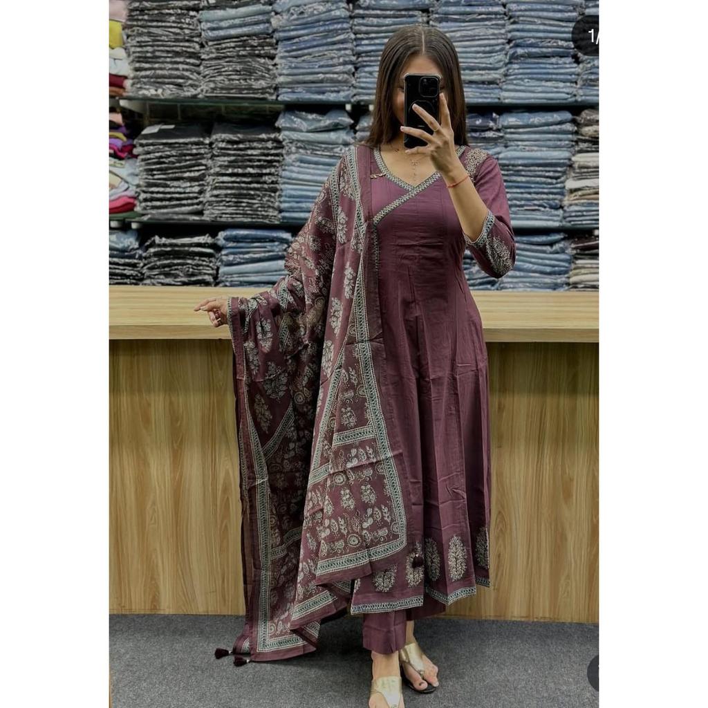 Indian Pure Cotton Anarkali Suit Pakistani Party Wear Kurti Pant Dupatta Set