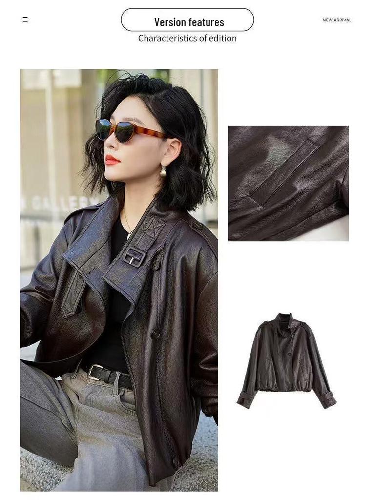 Женская осенняя кожаная мотокуртка в американском стиле 2025 года со стойкой