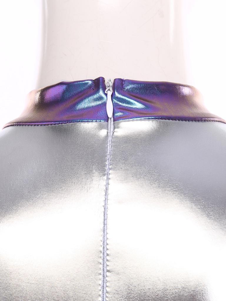 Womens Metallic Iridescent Alien Jumpsuit Fly Sleeve Leggings Unitard Space Cosplay Costume