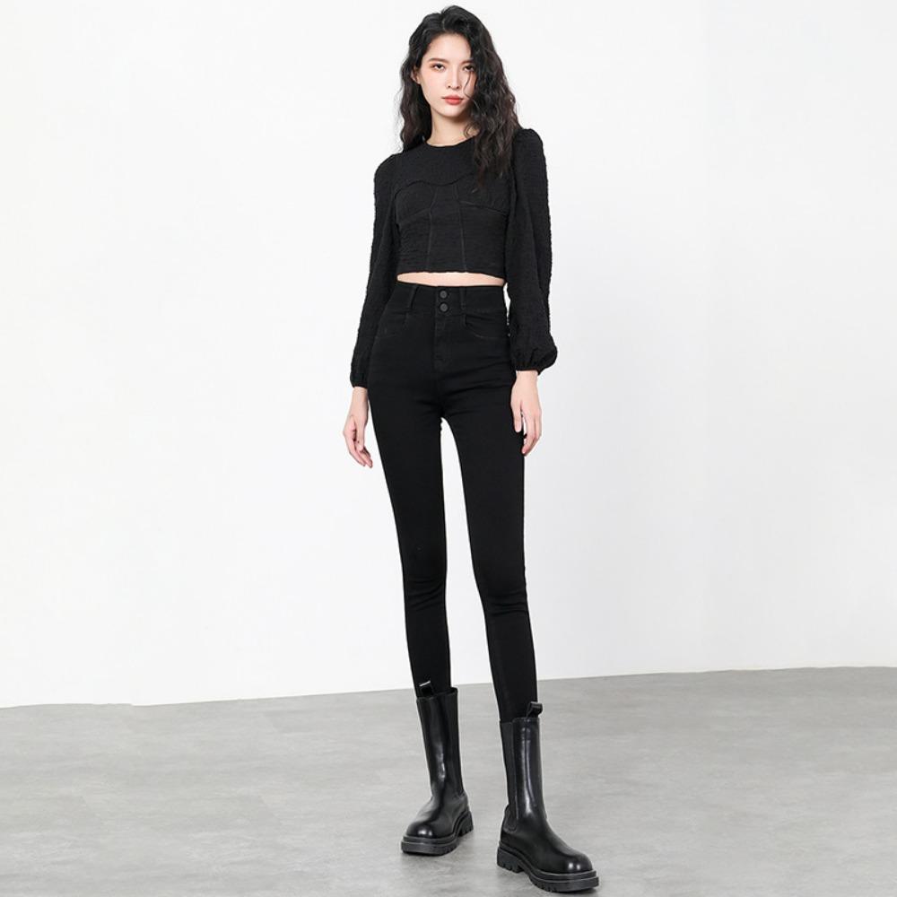 Autumn and Winter New Simple High-waisted Jeans Female Slim-fitting High and Thin Elastic Tight Small-footed Jeans Tide