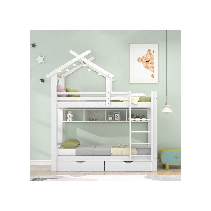Lit superposé - MUVOE - 90x200cm - Blanc - Avec tiroirs et étagères - Sécurisé pour enfants