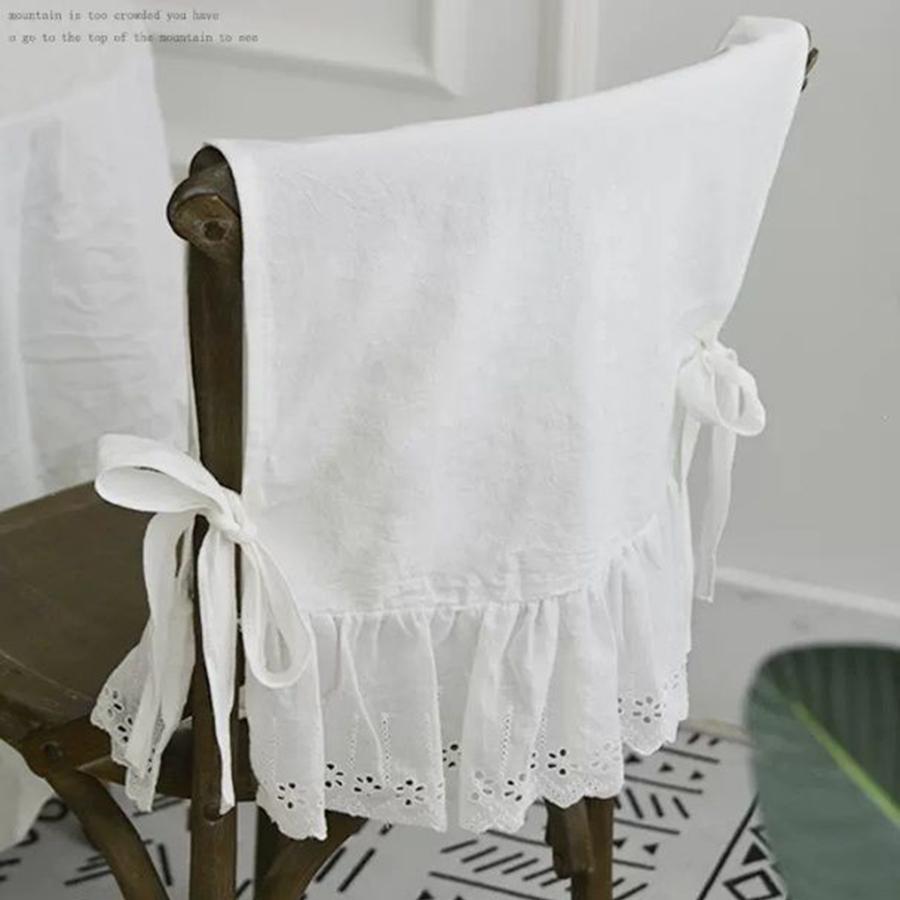 Elegant White Cotton Chair Back Cover Household Wedding Decoration Embroidered Flounced Hollow Out Lace Romance Chair Covers
