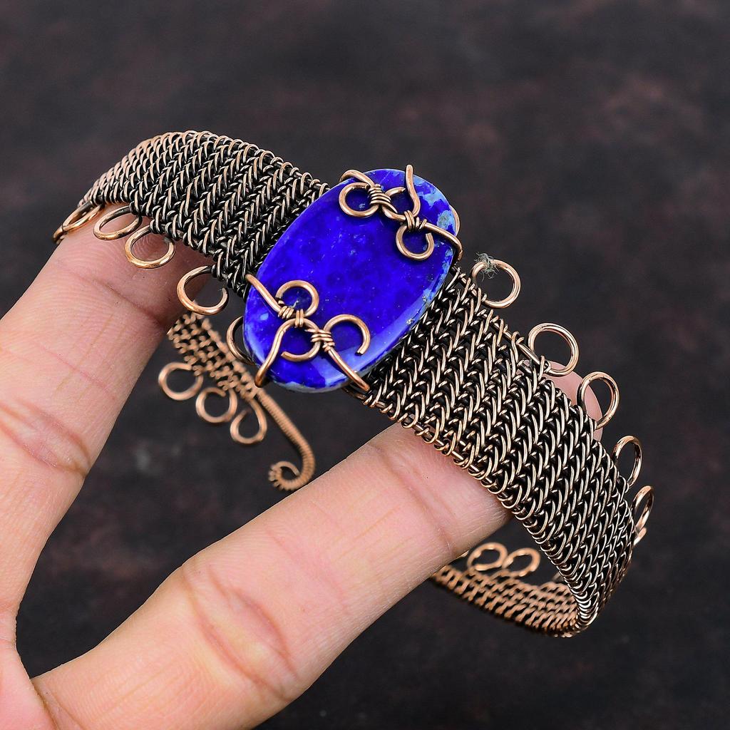 Браслет из лазурита, медная проволока, браслет-манжета, браслет из натурального драгоценного камня, регулируемый браслет ручной работы, уникальные медные украшения, подарок для нее