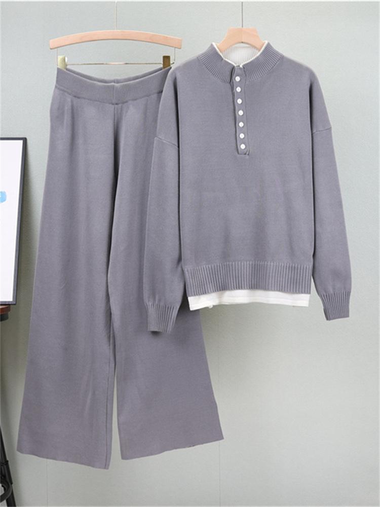 Женский осенний свободный комплект свитера в стиле маленького аромата из двух частей с имитацией двухслойности и вязаными брюками широкого кроя