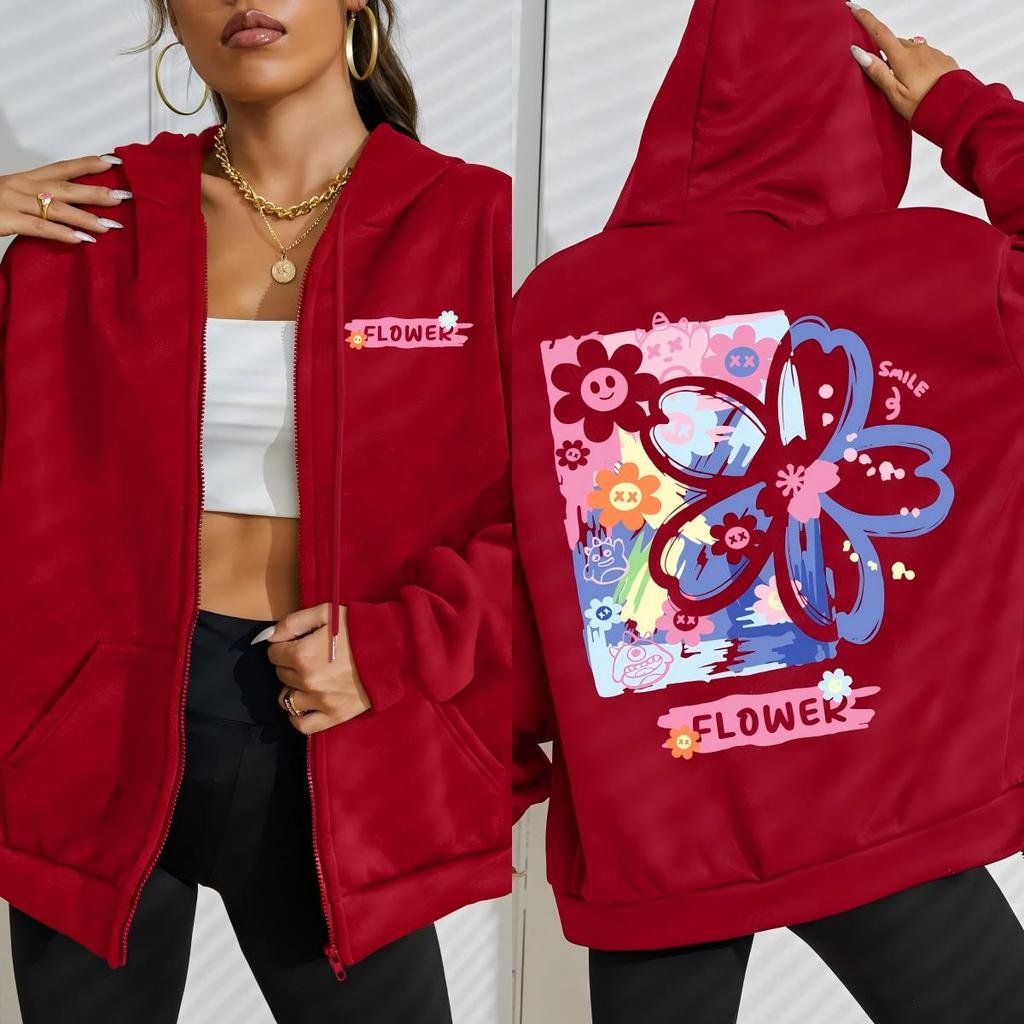 Flower Creative Graffiti Design Women Zipper Hoody Fashion Street Streetwear Loose Casual Hoodies Clothing Woman