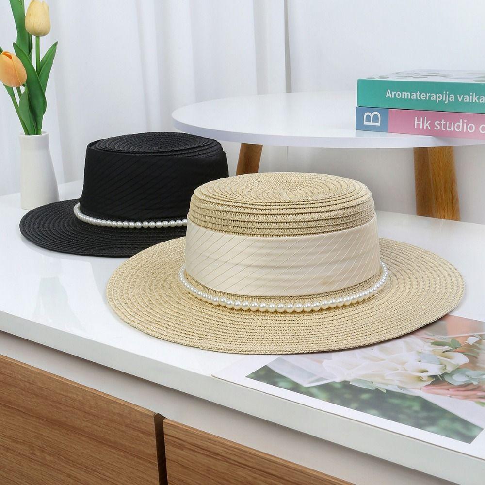 Straw Weaving Flat Sun Cap Pearl Chain Weave Bucket Hat Casual Wide Brim Straw Hat Party