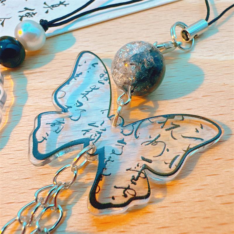 Chinese Style Ink Calligraphy Butterfly Fan Pendants Mobile Phone Chain Anti Lost Lanyard Vintage Keychain Bag Pendant Gifts