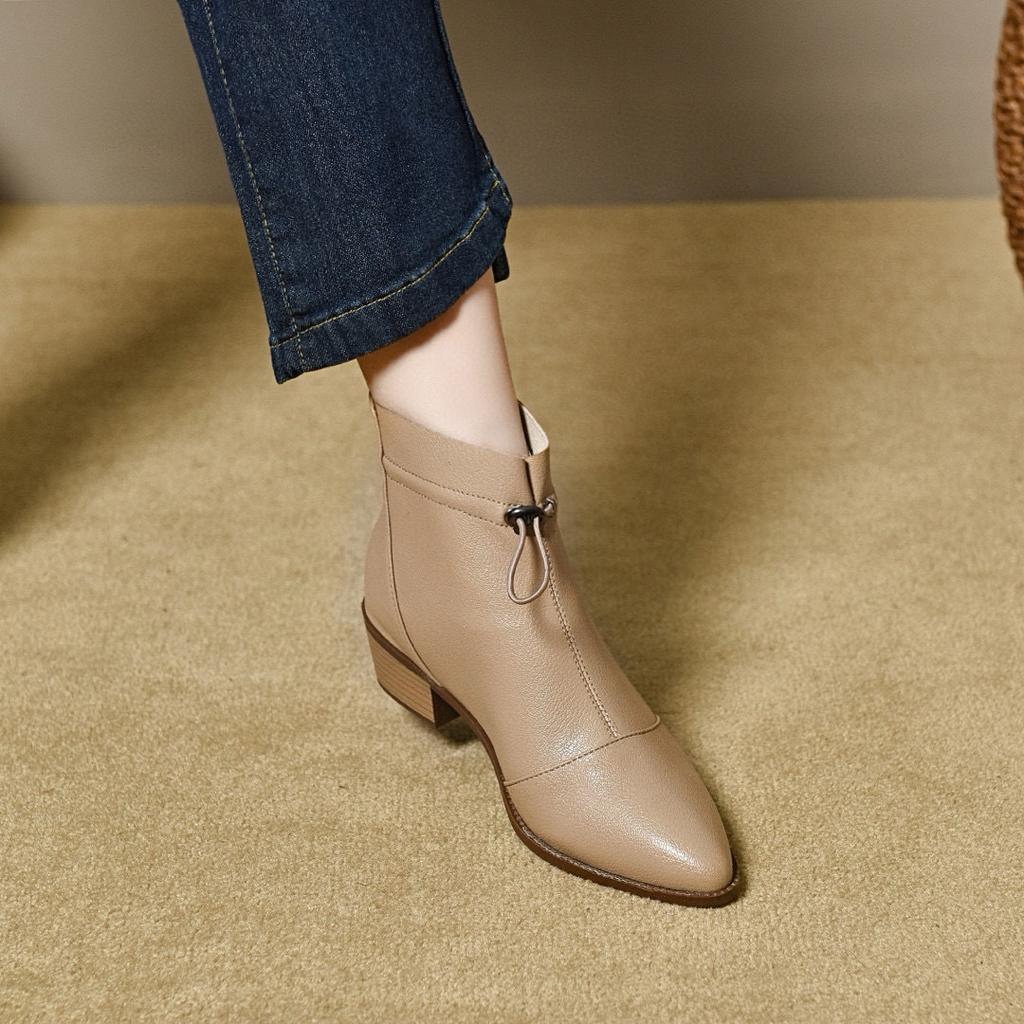 Pointed Short Boots Women's Ruffle Edge Mid-heel Leather Boots Thin Women's Cotton Boots Fashion Boots Ankle Boots Large Size Women's Shoes