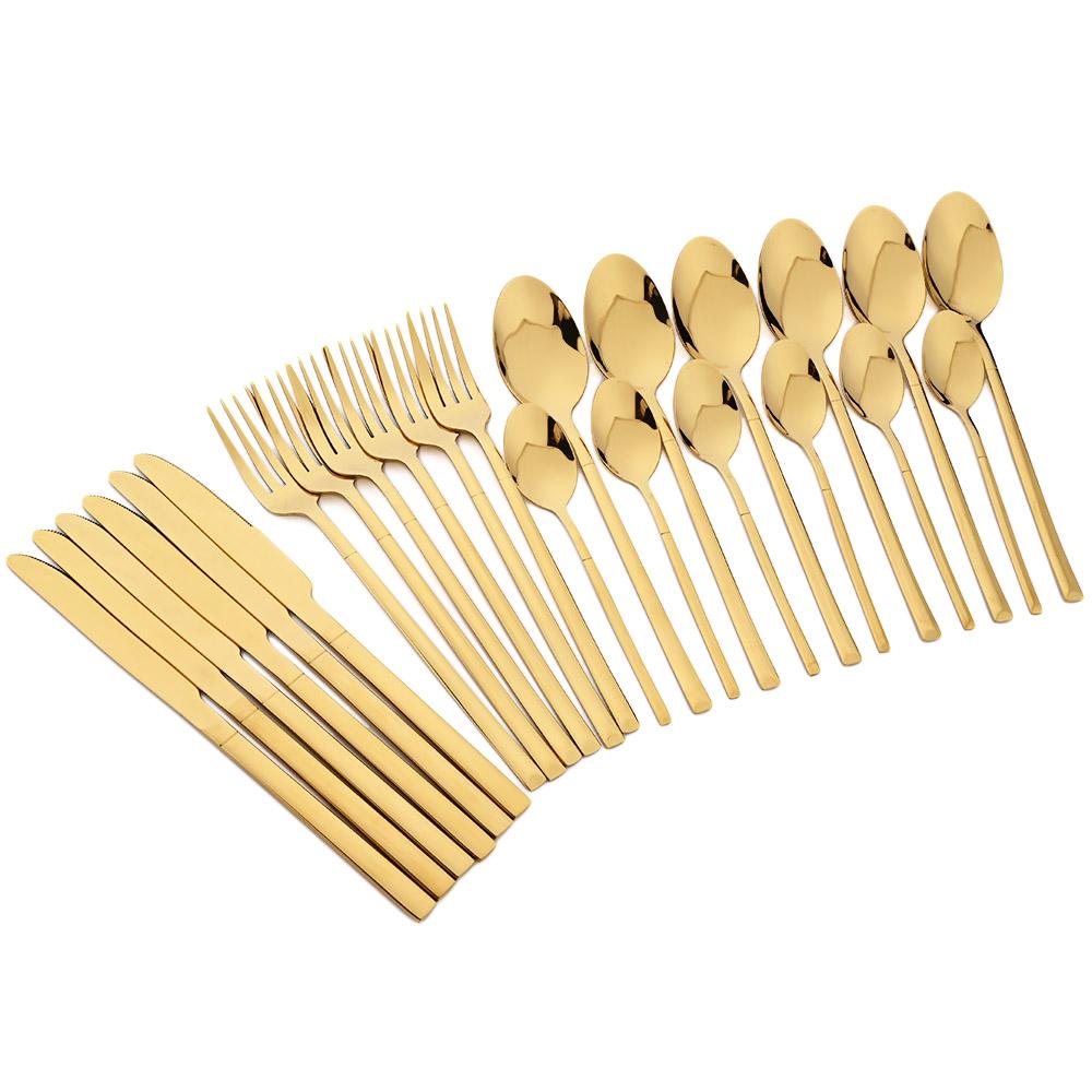 24pcs Black Gold Cutlery Set Knife Forks Tea Spoon Dinnerware Set Stainless Steel Flatware Western Kitchen Tableware Silverware
