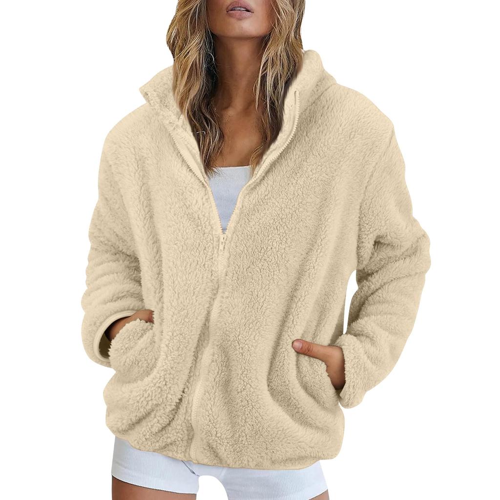 Women's Solid Color Fashionable Winter Loose High Neck Long Fleece Plush Warm Zipper Jacket