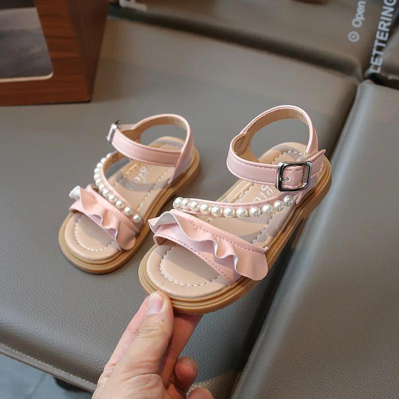 Children's Sandals Sweet Ruffles Beading Girls Princess Causal Wedding Sandals Trendy Elegant Kids Open-toe Sandals Shoes I03051