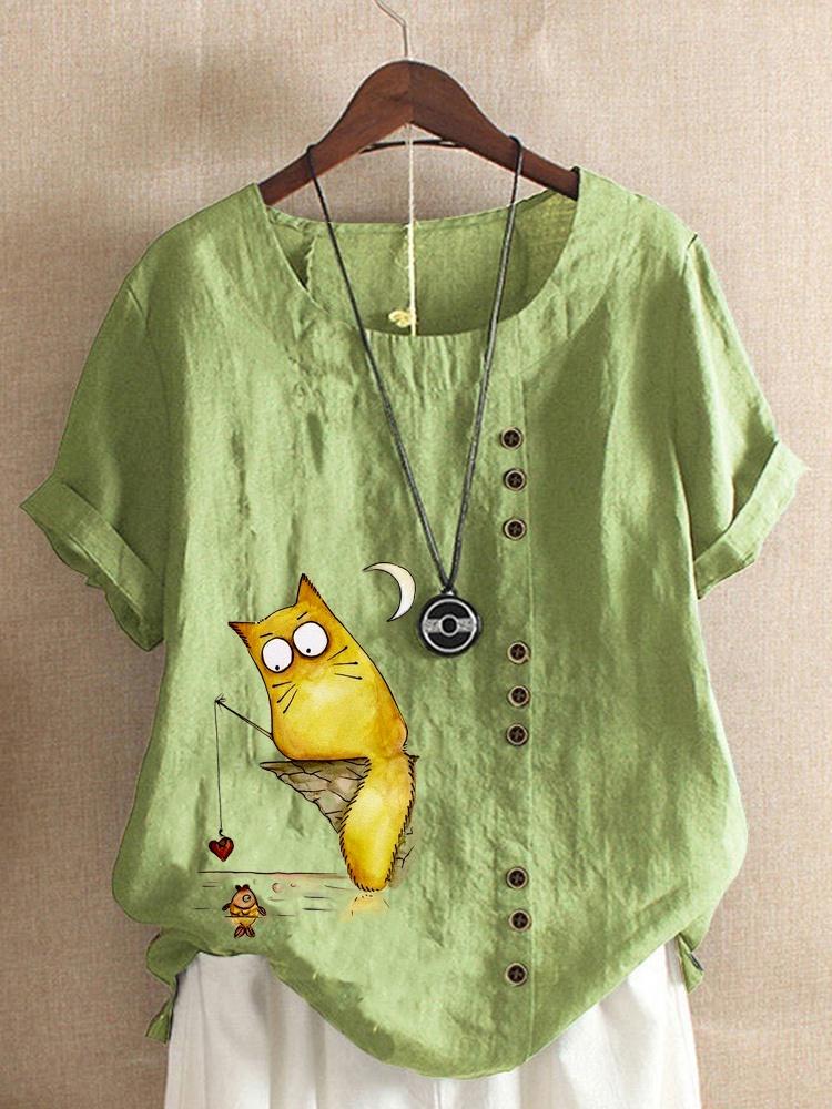 Women's Linen Shirt Round Neck Short Sleeve Cartoon Cats Printed T-shirt Summer Ladies Casual Plus Size Blouse Tops