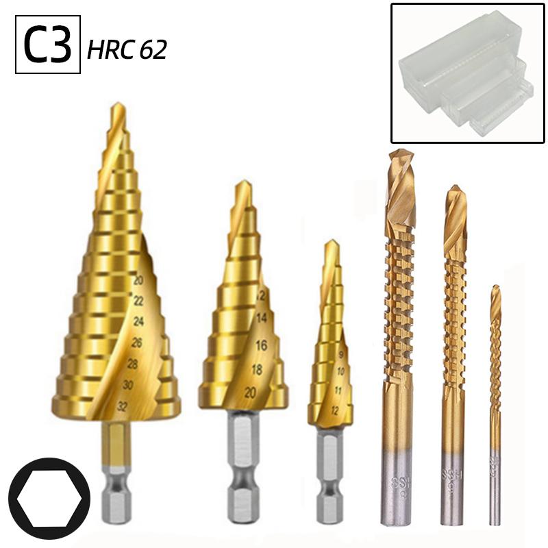 6Pcs HSS Steel Titanium Step Drill Bit Set 4-12/20/32mm Metal Hole Cutter Wood Cone Core Drilling Hole Saw Tool+3,6,8 Saw Drill