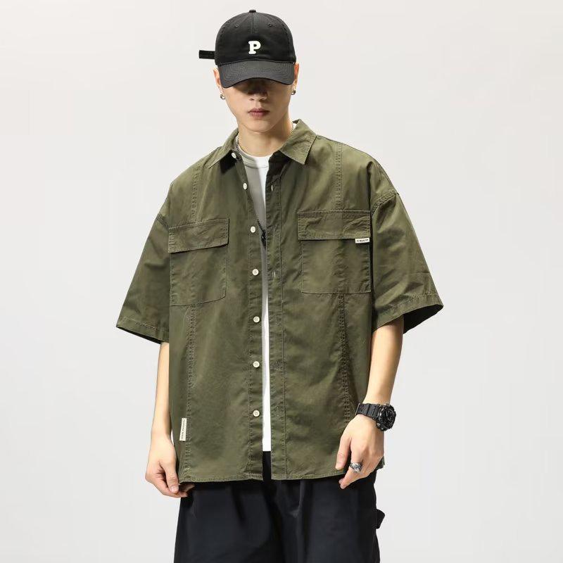 Trendy Korean-Style Men's Military Green Short-Sleeve Workwear Shirt