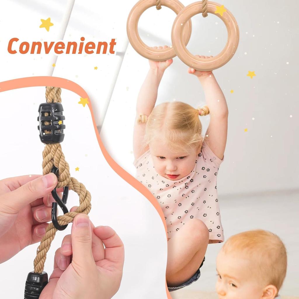 YAERSI Wooden Gymnastics Rings,Pull up Rings with Adjustable Buckle, Wooden Swing Rings for Kid's Home Exercise