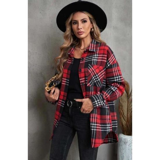 Autumn and Winter Women's Plaid Shirt Jacket Lapel Single-breasted Shirt Commuter Loose Plaid Tweed Jacket