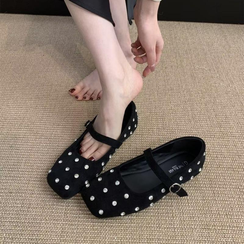 Fashion Single Shoe Spring New Square Head Shallow Mouth Crystal Flannelette Word with Soft Sole Anti-slip Wear-resistant Flat Shoes