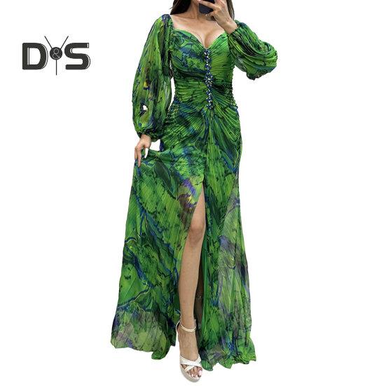 Shoulder Women Dress Off Evening Rhinestone Decor Pleated Long Lantern Sleeve Split Hem Loose High Waist Printed Floor Length Prom Banquet Party Maxi