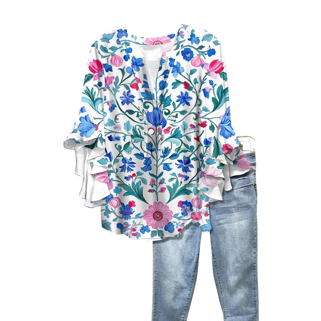 Summer Women's Tops V Neck Three Quarter Sleeve Shirt Vintage Floral Print Tops Casual Shirts