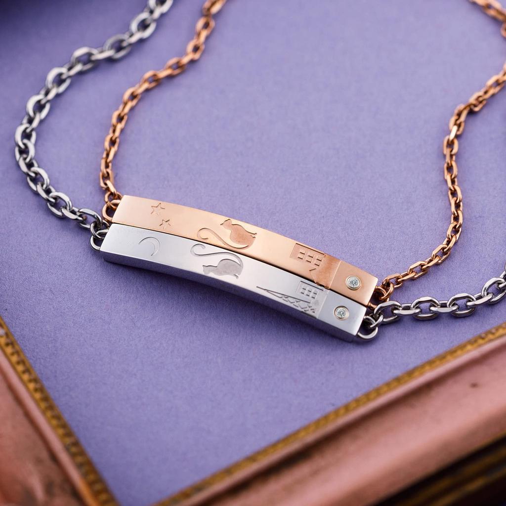 Pair Bracelet Surgical Stainless Steel Cubic Zirconia Cat Star Moon Tail Shared Heart Pink Silver 4SBR209GO 4SBR210SV [White Clover] & &