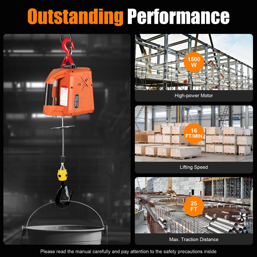 Электрическая лебедка 1500 Вт 1100 фунтов, управление 2-в-1 (пульт+ручное), скорость подъема 16 футов/мин для гаража, склада, строительства