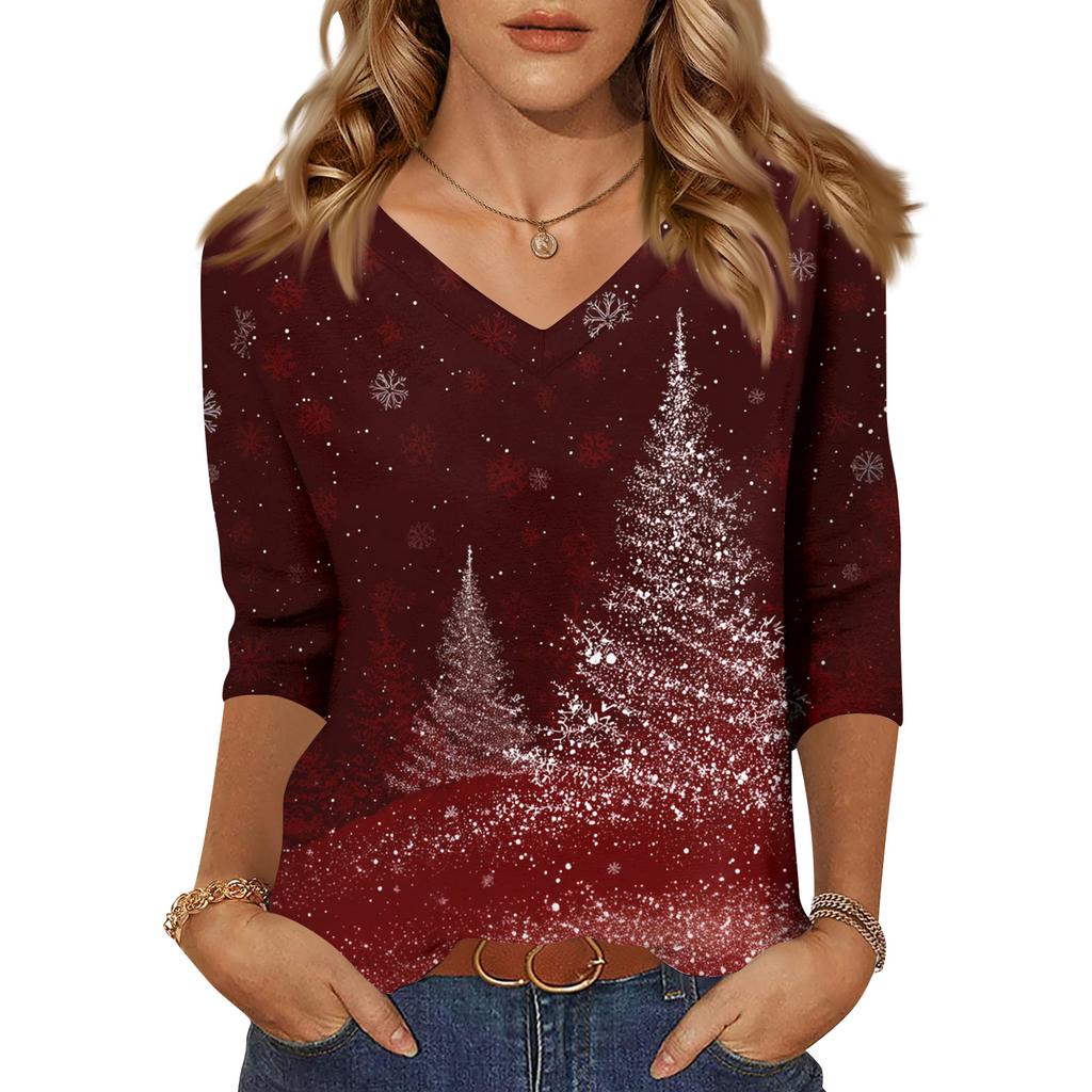 Women's Tops Three-quarter Sleeve Shirt V-neck Loose Casual Shirt Print T-shirt