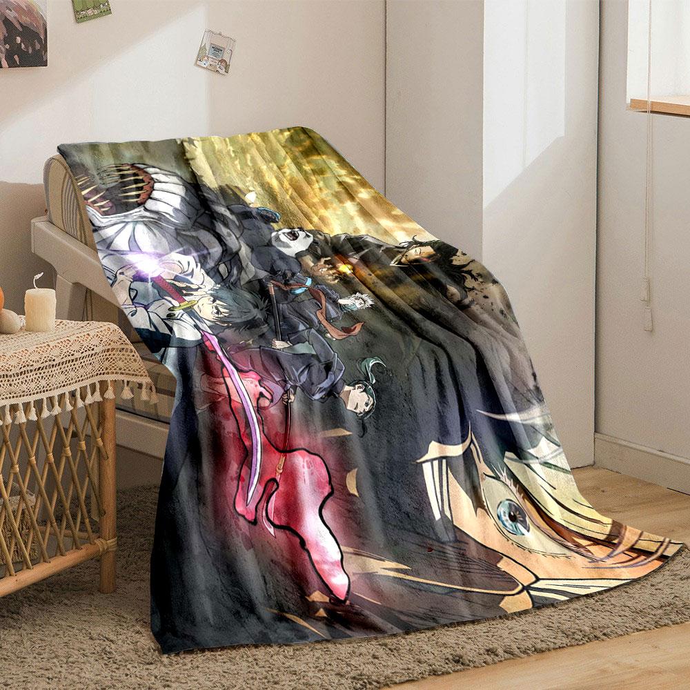 Action-packed anime scene with characters battling amidst a dramatic sky. for all seasons blanket lunch break throw gift