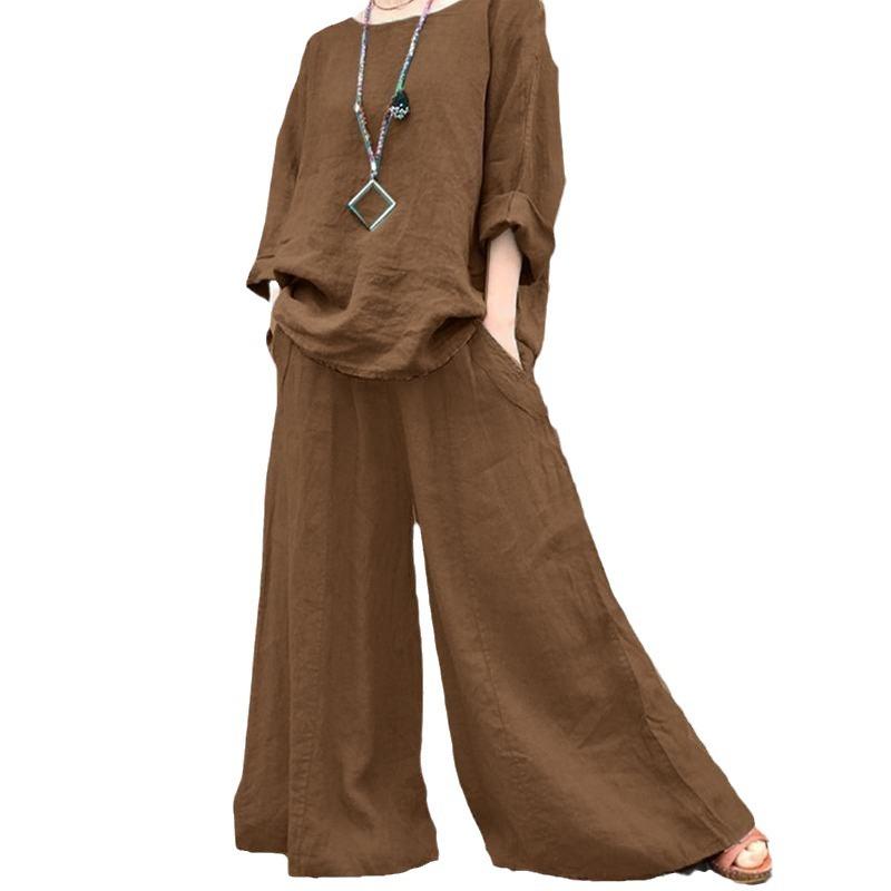 Женский повседневный комплект из хлопка и льна, винтажная модная рубашка на пуговицах с лацканами и прямые брюки, комплект из 2 предметов, женский однотонный комплект