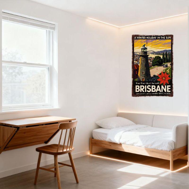 Vintage Brisbane 'A Winter Holiday in the Sun' Metal Tin Sign, Lighthouse Red Poinsettia Retro Travel Poster for Home Bar Cafe M