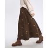 Retro Brown Corduroy Skirt Long Skirt Autumn Embroidered Floral Midi Skirt Bohemian Over Knee Length Skirt