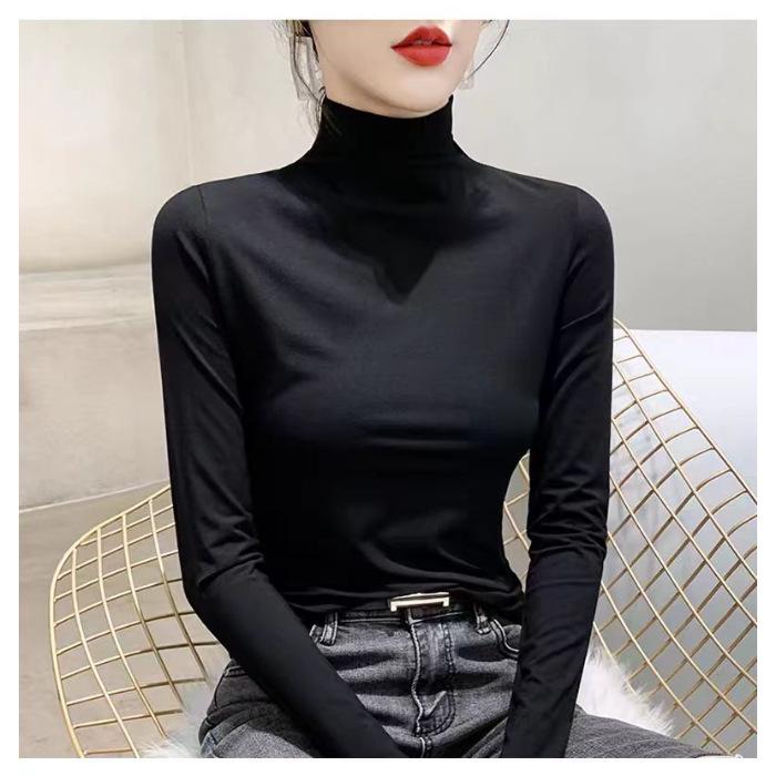 Women's Slim Fit Long Sleeve T-shirt, Double Plush, Mid-High Neck, Thickened for Autumn/Winter Warmth