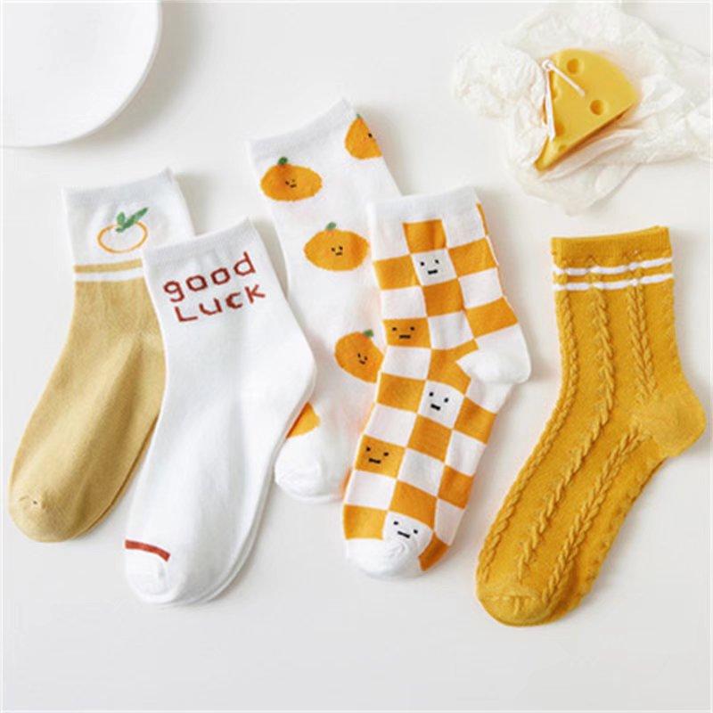5Pairs Women Cotton Socks Cute Print Princess Two-dimensional Fashion Socks Striped Plaid Ladies Spring Summer Socks