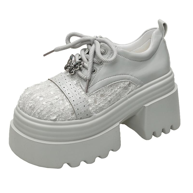 Мода 9,5 см Весна Женские Блестящие Туфли на Высоком Каблуке Новинка 2025 Платформа Повседневная Обувь для Ходьбы Нескользящие Танкетки Кожаные Массивные Кроссовки На Шнуровке Туфли