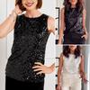 Women Vest Sequin Detail Glitter Tops Round Neck Sleeveless Loose Tank Tops