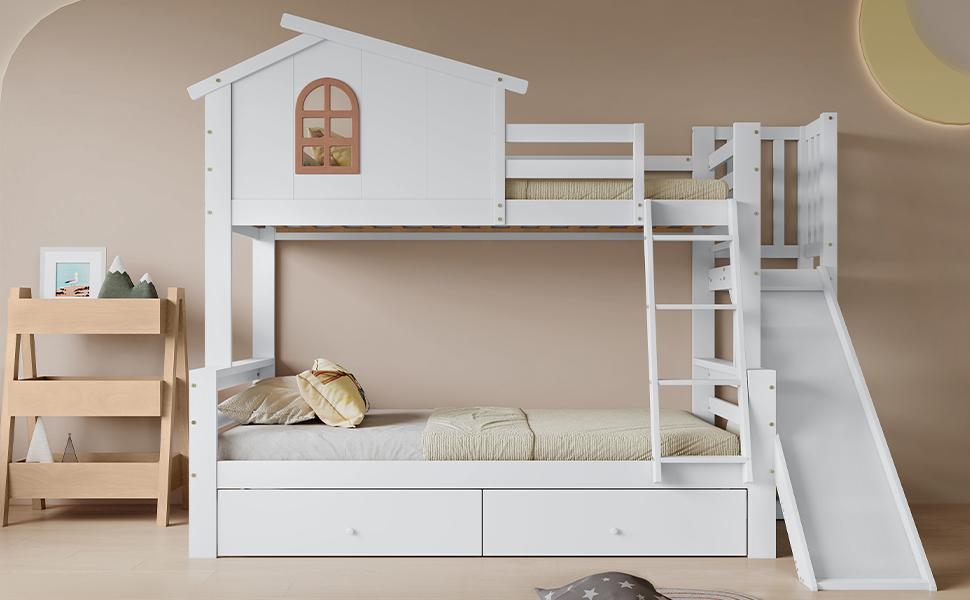 [317285923WAA] Bunk bed with windows and tilting staircase, children's and mother's bed with slide, bed frame of solid wood, White, 90x200 & 120x200cm