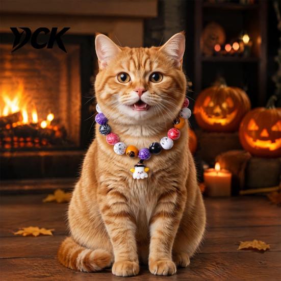 Soft Gentle Sound Pendant Necklace Halloween Beaded Pet Necklace, Wooden Bead Cat Collar, Pumpkin or Ghost Stylish Contrast Color Accessories