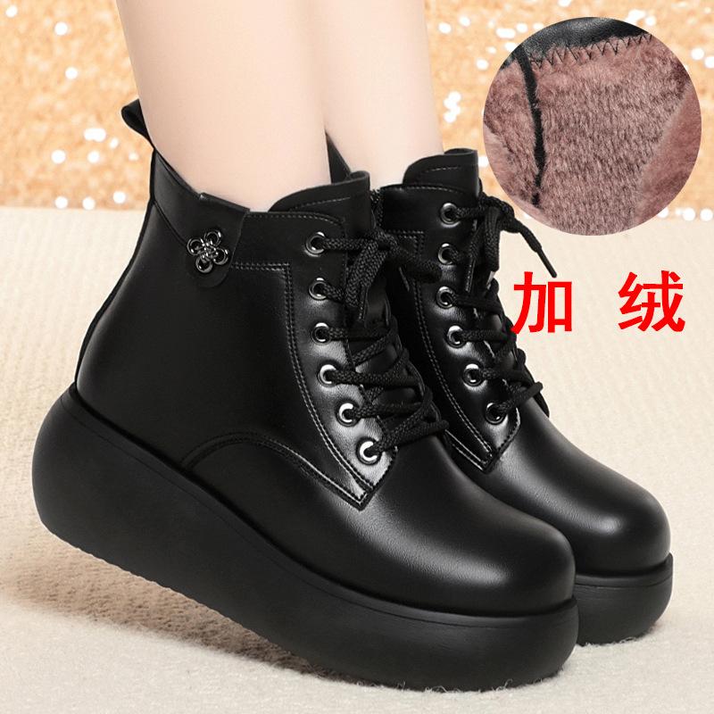 6 см Удобная Толстая Подошва Платформа Обувь Мягкая Кожа Ботинки Зима 2025 Средний Каблук Танкетка Короткий Мех Снежные Ботильоны для Мамы