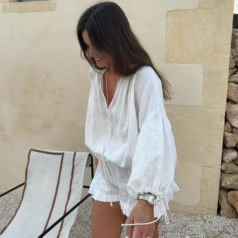 Women Shorts Suit V-neck Long Sleeve Loose Shirt High Waist Wide Leg Short Pant Sets Summer Holiday Lady Set