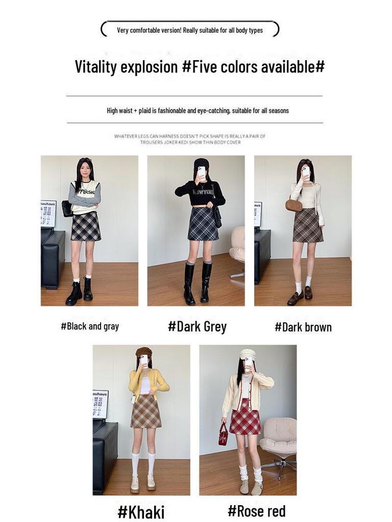 2024 High-Waist Plaid Woolen A-Line Skirt: Autumn/Winter College Style