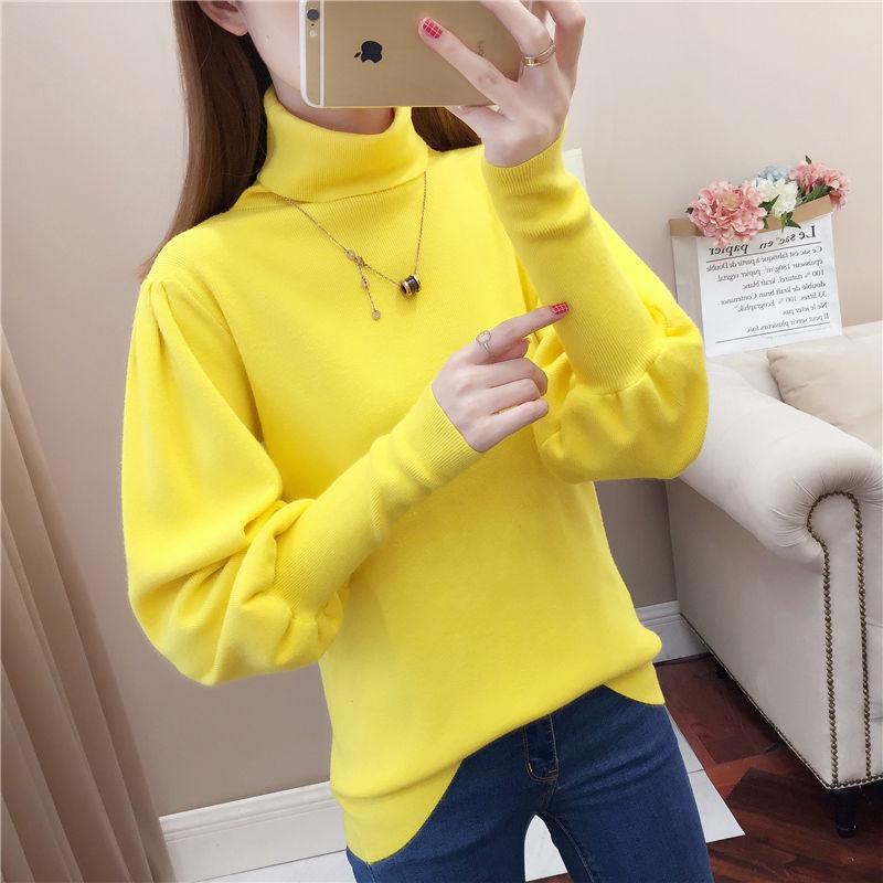 Женский пуловер с высоким воротником, свитер, теплый зимний свободный вязаный джемпер с рукавами-фонариками больших размеров