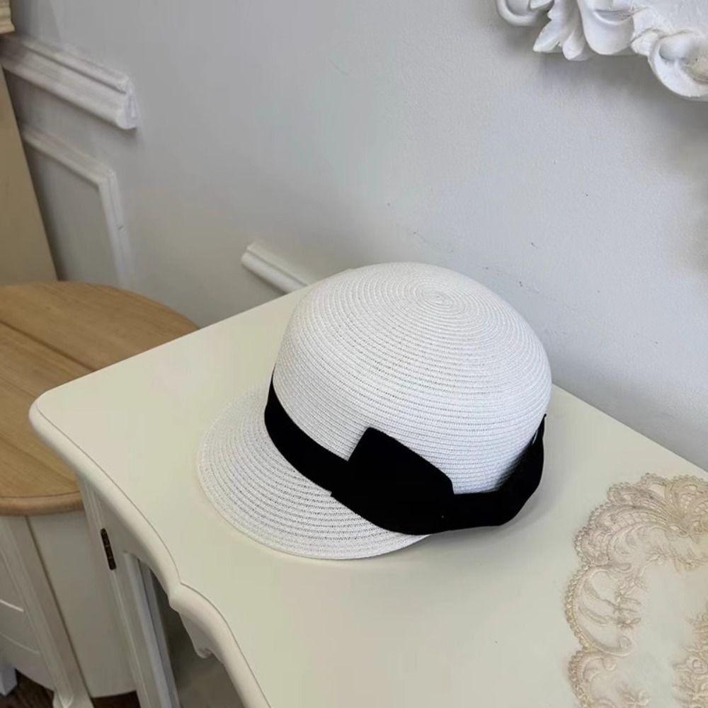 French Bow Straw Cap Elegant Equestrian Hat Vintage Woven Straw Cap Ladies/Girls