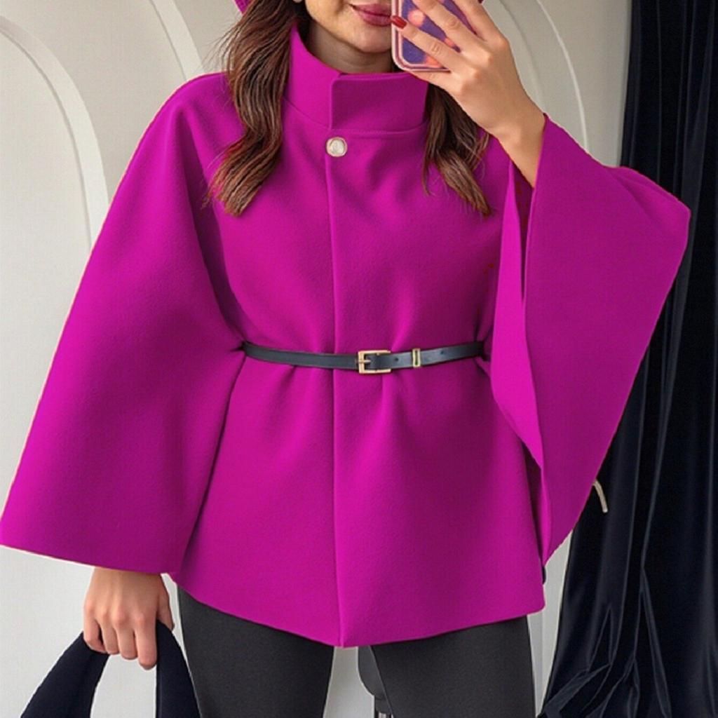 Women's Fashion Solid Waist Tie Woolen Cape Coat