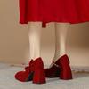 Fashion French Suede Pearl Bow High Heels for Women, Thick Heels for Spring /Autumn, New Red Square Toe Shallow Mouth Mary Jane Shoes